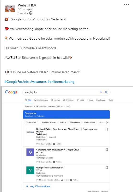 LinkedIn post van Webstijl over Google Jobs in Nederland LinkedIn post van Webstijl over Google Jobs in Nederland
